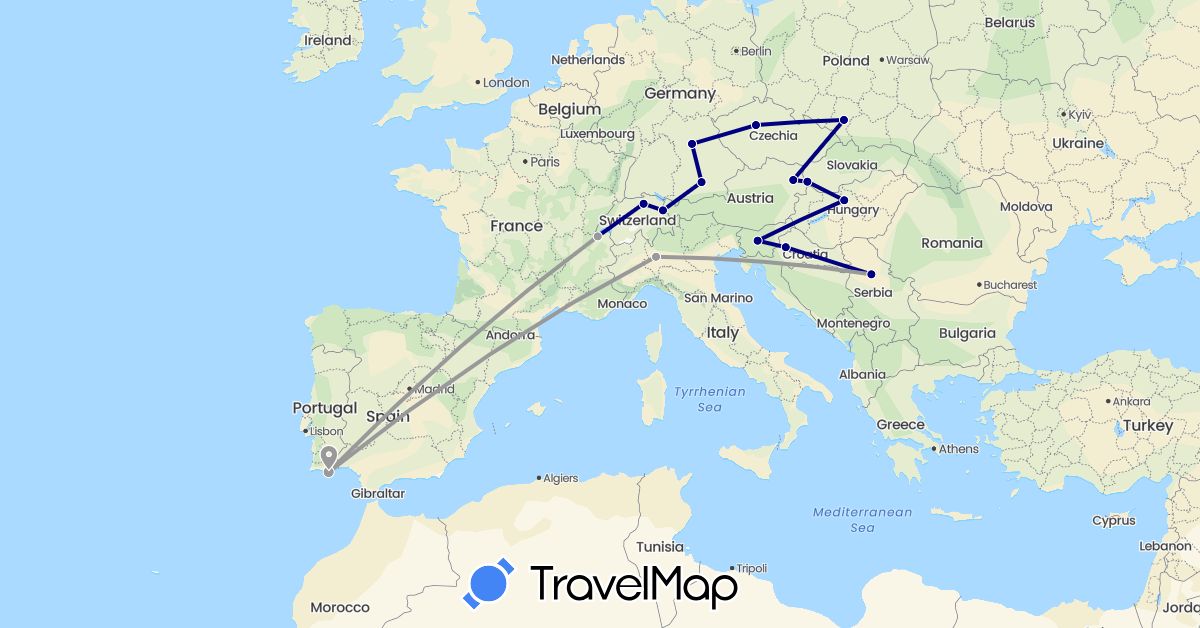 TravelMap itinerary: driving, plane in Austria, Switzerland, Czech Republic, Germany, Croatia, Hungary, Italy, Liechtenstein, Poland, Portugal, Serbia, Slovenia, Slovakia (Europe)